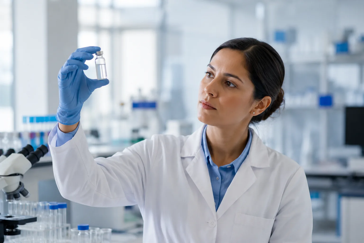 Researcher in a laboratory holding a small vial, studying it in bright natural light
