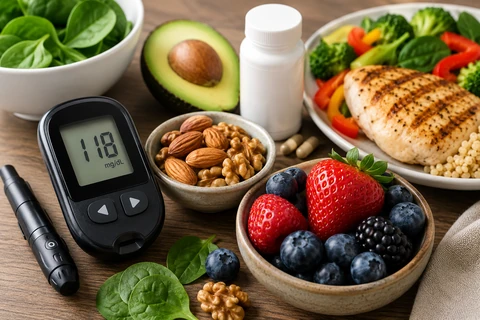 Glucose monitor beside fresh healthy food