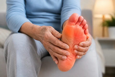 Close up of a person's hands and feet resting